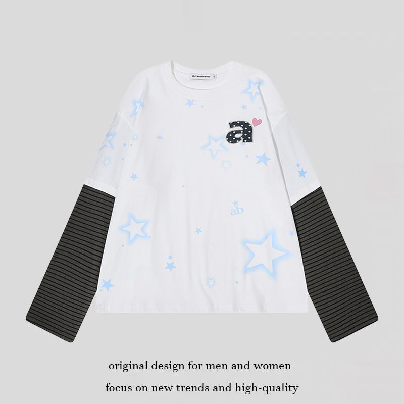 Women's layered long-sleeve shirt with striped insert sleeves, star print, and application Mune Fashion