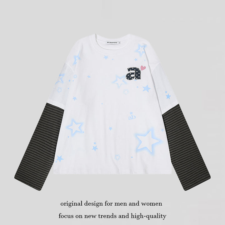 Women's layered long-sleeve shirt with striped insert sleeves, star print, and application Mune Fashion
