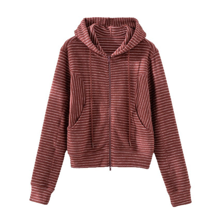 Women's Striped Hoodie Zip Cardigan with Pocket and Narrow Ribbed Cuffs Mune Fashion