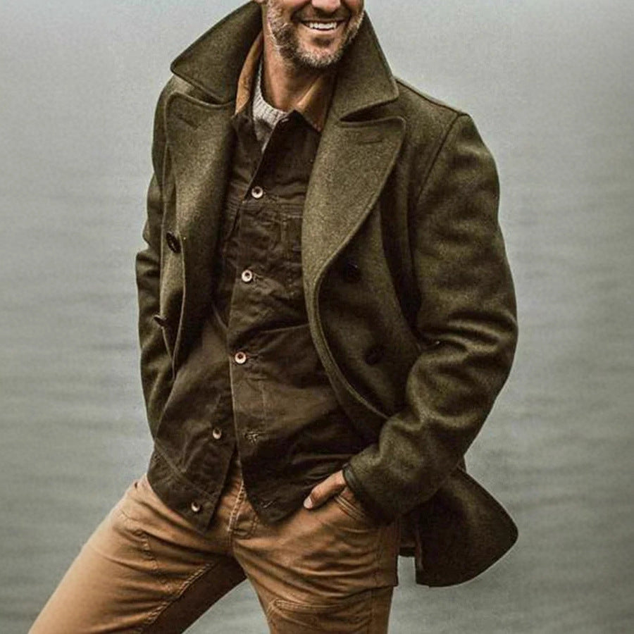 Men's Double-breasted Wool Coat in Peacoat Style with Wide Lapels Mune Fashion