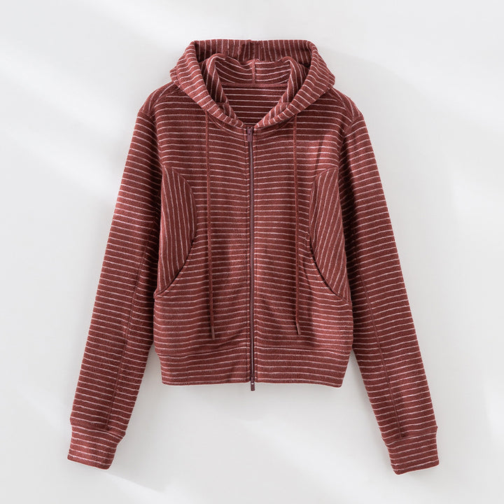 Women's Knitted Zip-Up Hoodie with Fine Stripe Pattern Mune Fashion