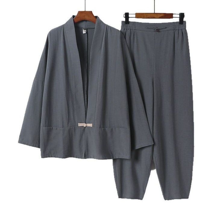 Men's Zen Relax Set with open kimono jacket, decorative toggle closure and tapered harem jogger pants Mune Fashion