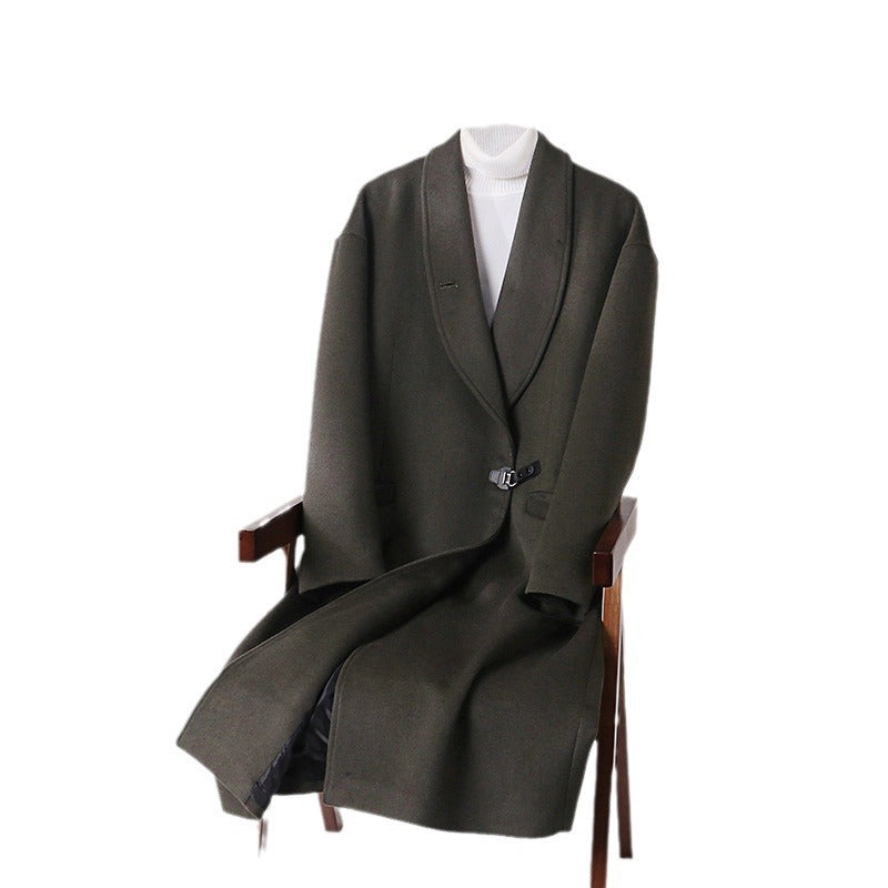 Men's Floor-Length Wool Blend Coat with Wide Shawl Collar and Decorative Toggle Closure Mune Fashion