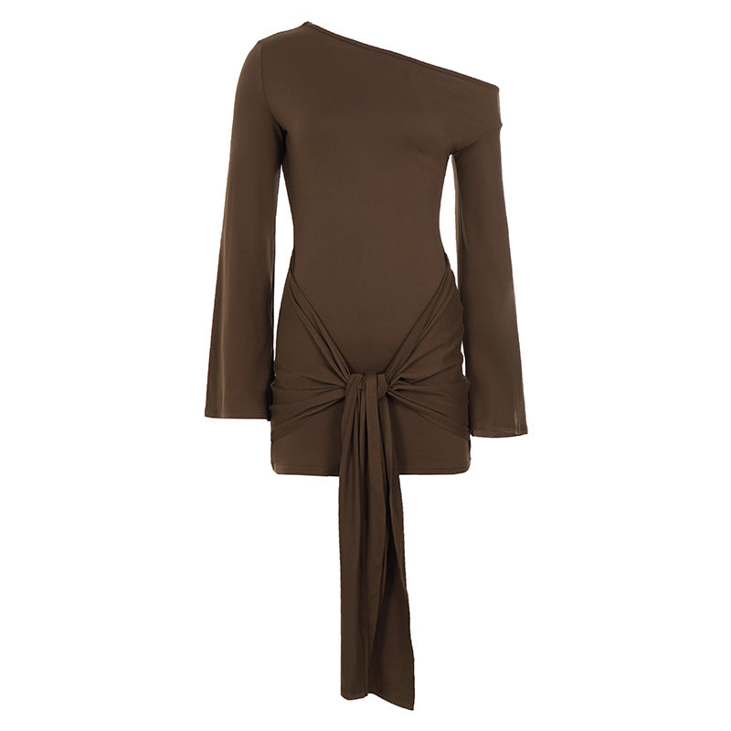 Women's fitted wrap shirt with wide trumpet sleeves and extra long tie band Mune Fashion