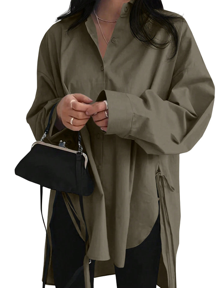 Women Oversized Long Blouse with Drawstring and Wide Cuff Sleeve