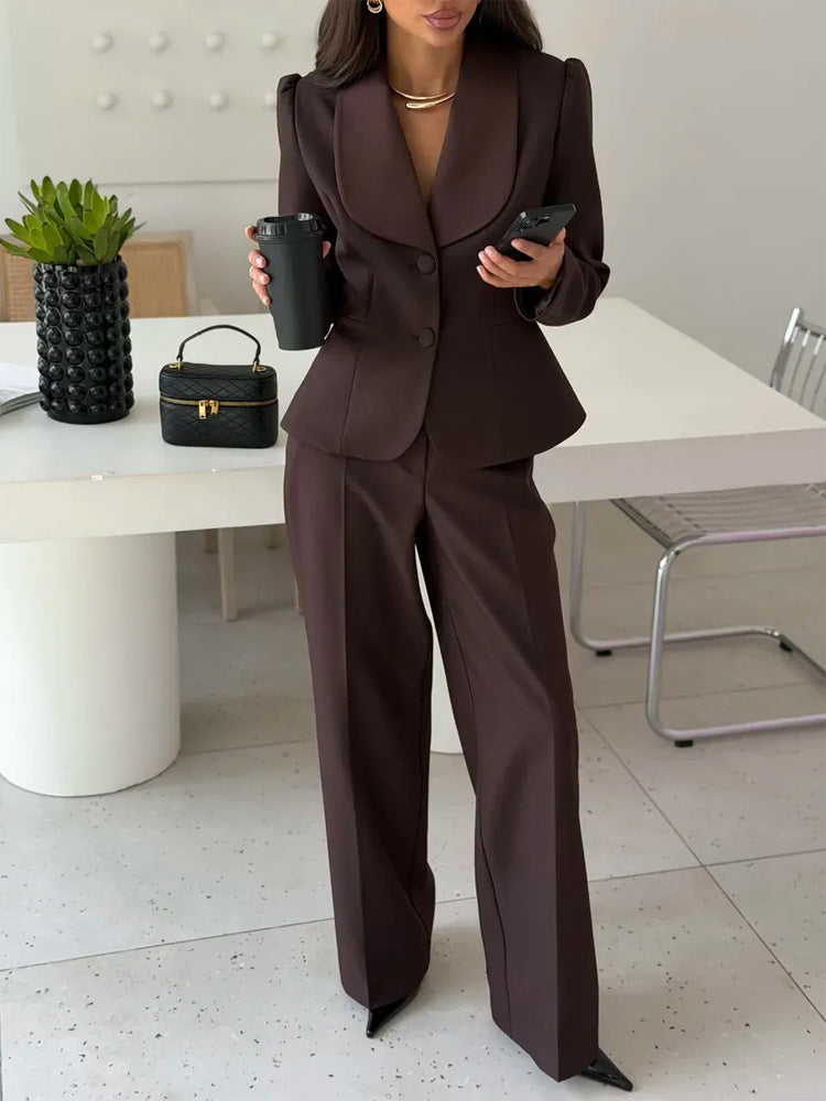 Women's Tailored Blazer with Oversized Shawl Collar and High-Waisted Wide Leg Pants Mune Fashion