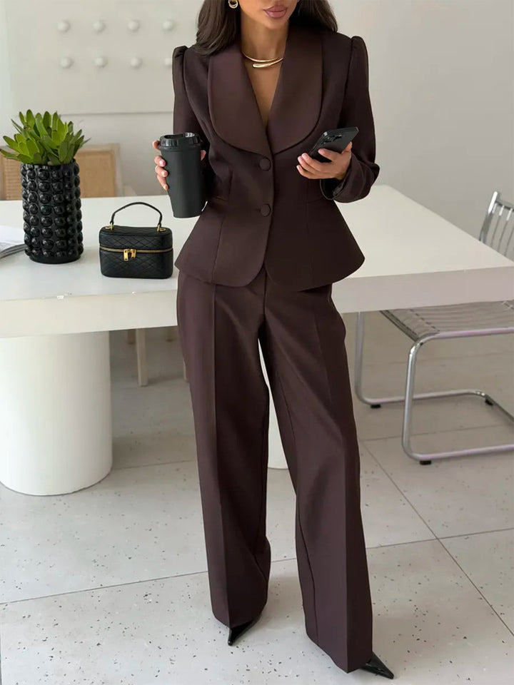 Women's Tailored Blazer with Oversized Shawl Collar and High-Waisted Wide Leg Pants Mune Fashion