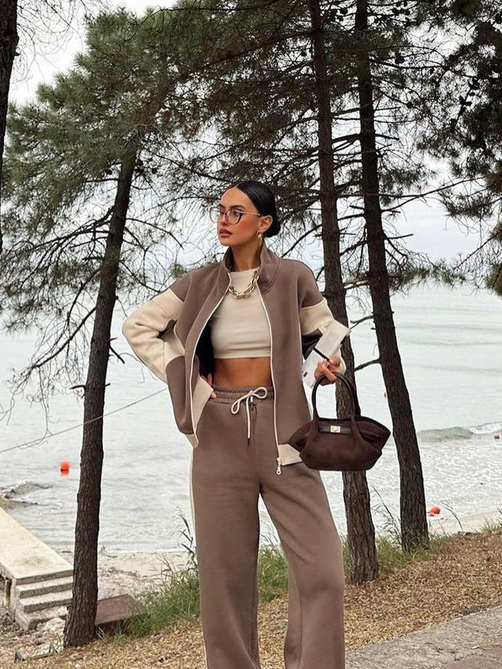 Women's Multi-Part Loungewear Set with Zip Jacket and Wide Palazzo Pants Mune Fashion