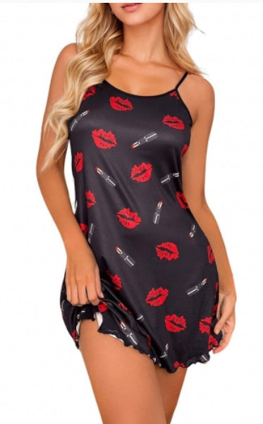 Ladies Nightdress with Lip and Lipstick Pattern Mune Fashion
