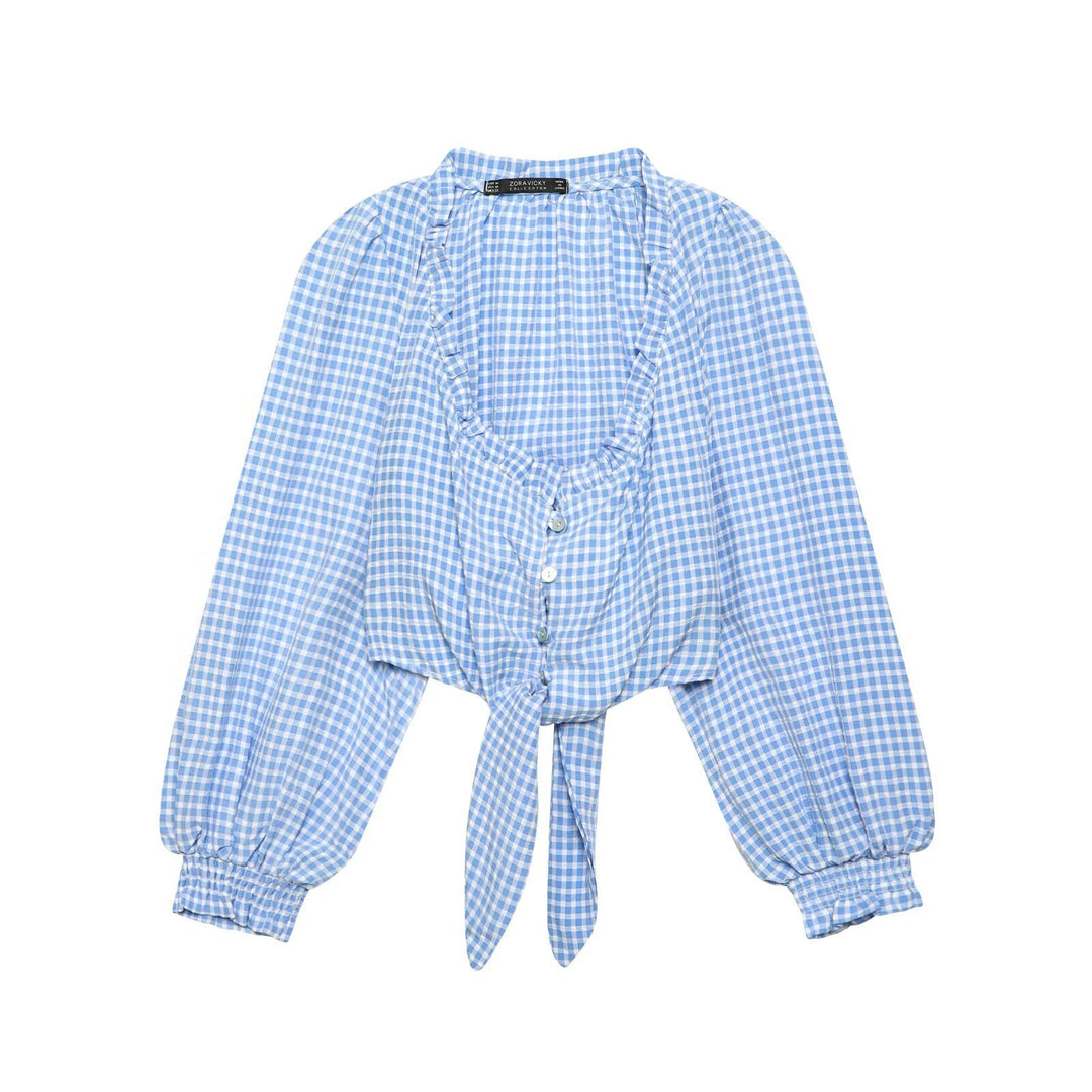 Women's Cropped Tie Shirt with Vichy Check, Ruffle Hem and Balloon Sleeves Mune Fashion