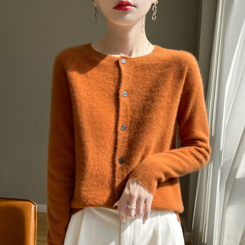 Women's Short-Cut Fine Knit Cardigan with Round Neck and Shimmering Button Placket Mune Fashion