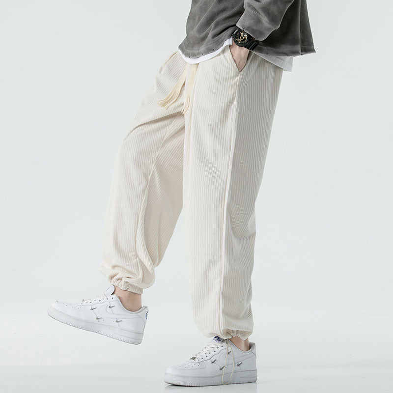 Men's loose-fitting corduroy pants with wide leg, elastic waistband and decorative drawstring Mune Fashion
