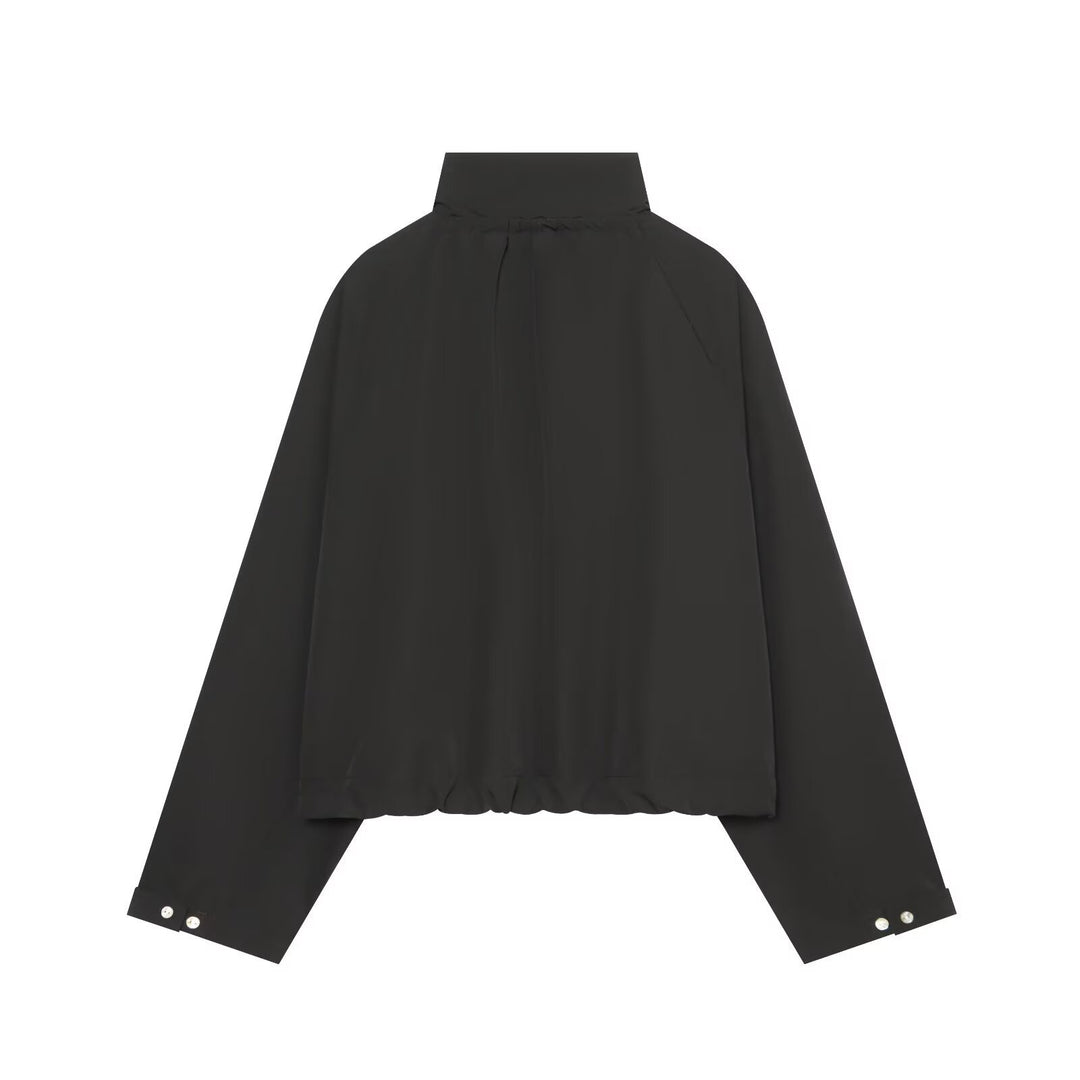 Women's Short Cropped Blouson with High Stand Collar, Button Placket and Drawstring Hem