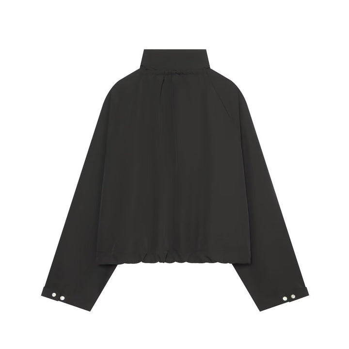 Women's Short Cropped Blouson with High Stand Collar, Button Placket and Drawstring Hem