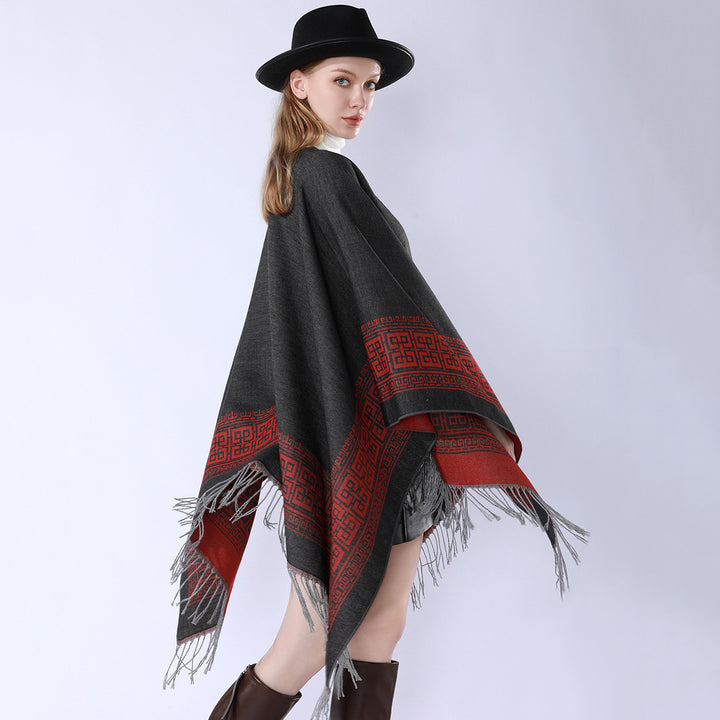 Women's Reversible Wool Blend Kimono Style Wrap with Ornamental Border and Decorative Fringes