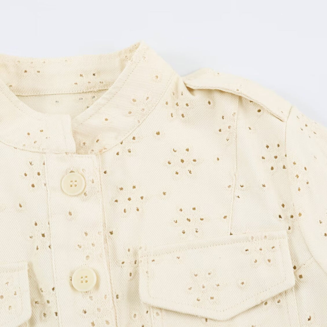 Women's short jacket made of lace embroidery with stand-up collar, utility pockets, and boxy cropped silhouette Mune Fashion
