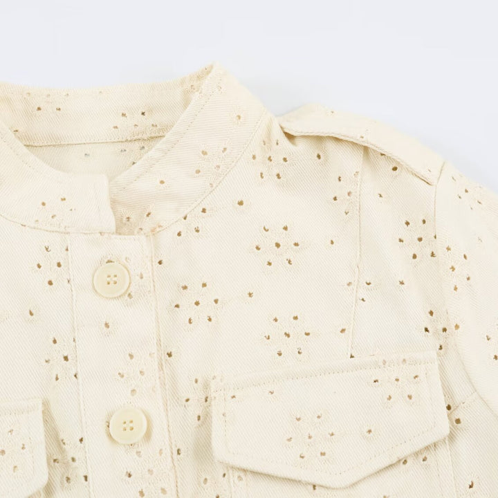 Women's short jacket made of lace embroidery with stand-up collar, utility pockets, and boxy cropped silhouette Mune Fashion