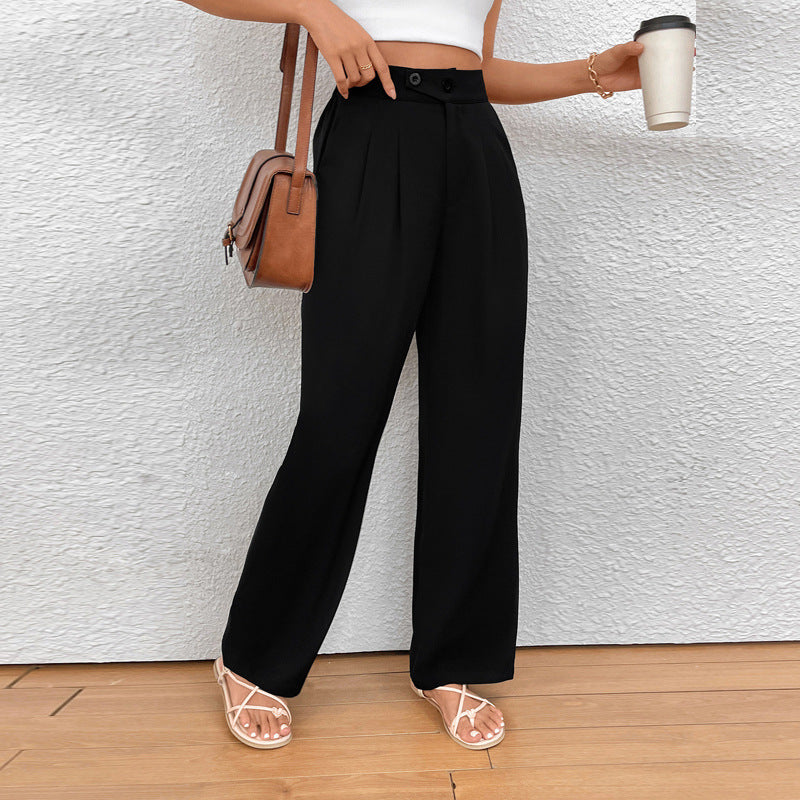 Ladies wide pleated trousers with high waist and button detail Mune Fashion