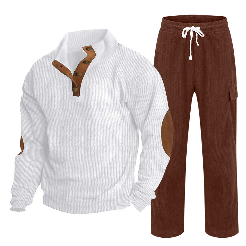 Men's Cozy Leisure Set made of Waffle Knit Henley with Elbow Patch and Relax Cargo Pants Mune Fashion