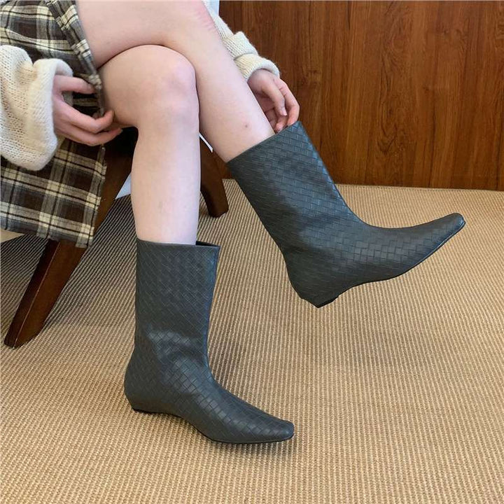 Women Braided Mid-Calf Boots with Pointed Toe Shape and Flat Block Heel Mune Fashion