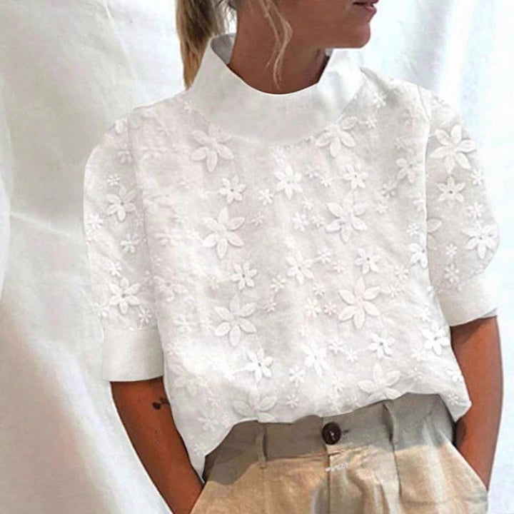 Women's embroidered short-sleeve blouse with stand-up collar and three-dimensional flower appliqué Mune Fashion
