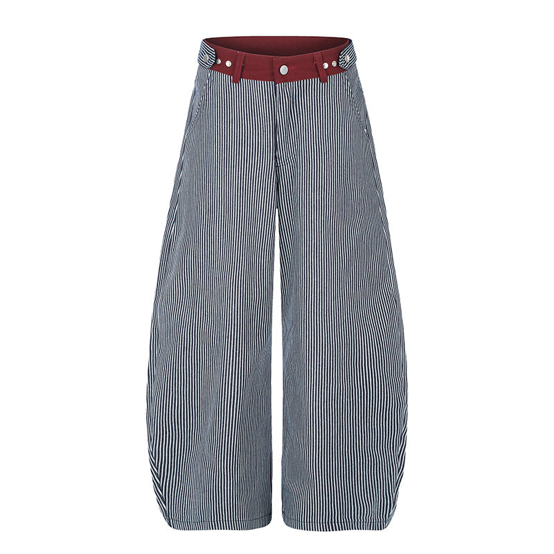 Women's Wide High-Waist Palazzo Culotte with Maritime Pinstripes and Contrasting Waist Detail Mune Fashion
