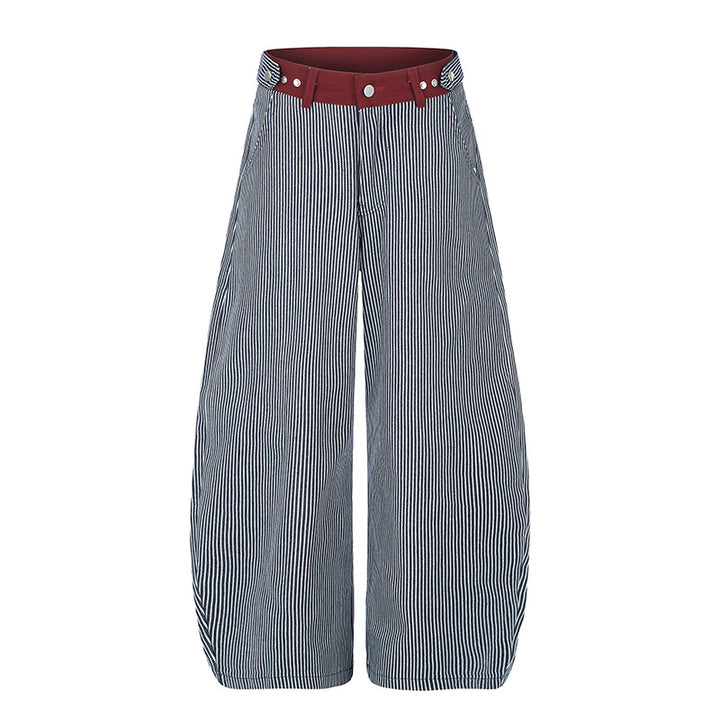 Women's Wide High-Waist Palazzo Culotte with Maritime Pinstripes and Contrasting Waist Detail Mune Fashion