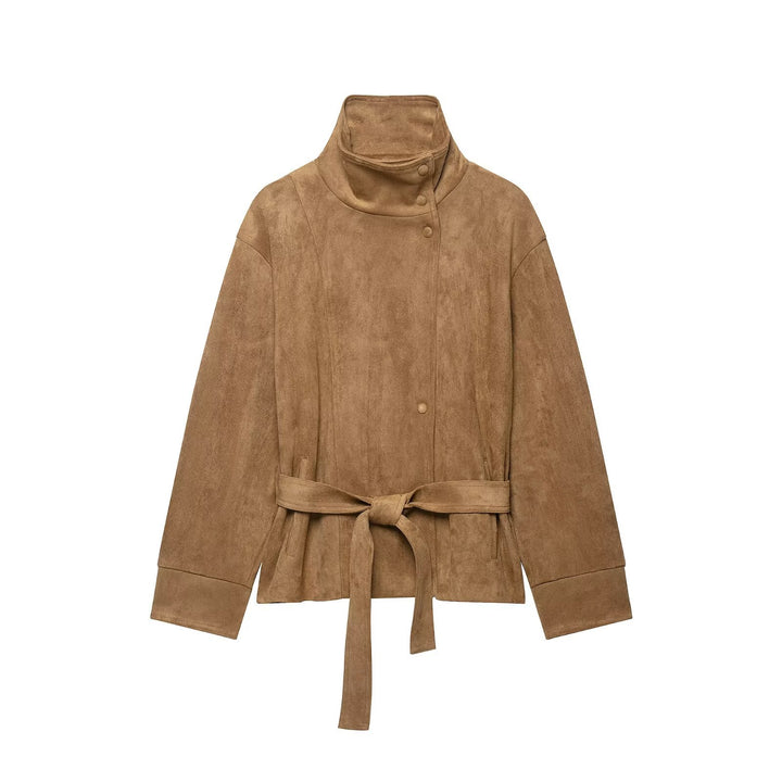Women's Short Suede Jacket with High Stand Collar and Tie Belt Mune Fashion