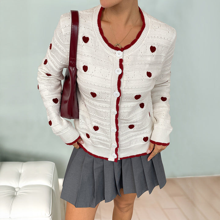 Women Playful Knitted Cardigan with Heart Pattern Mune Fashion