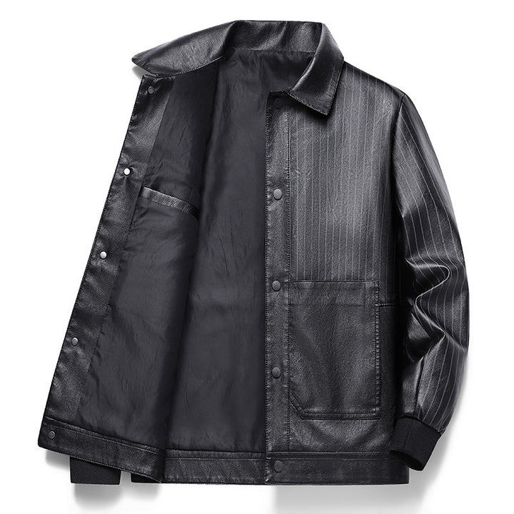 Men's Pinstripe Faux Leather Trucker Jacket with Snap Front and Ribbed Cuffs Mune Fashion