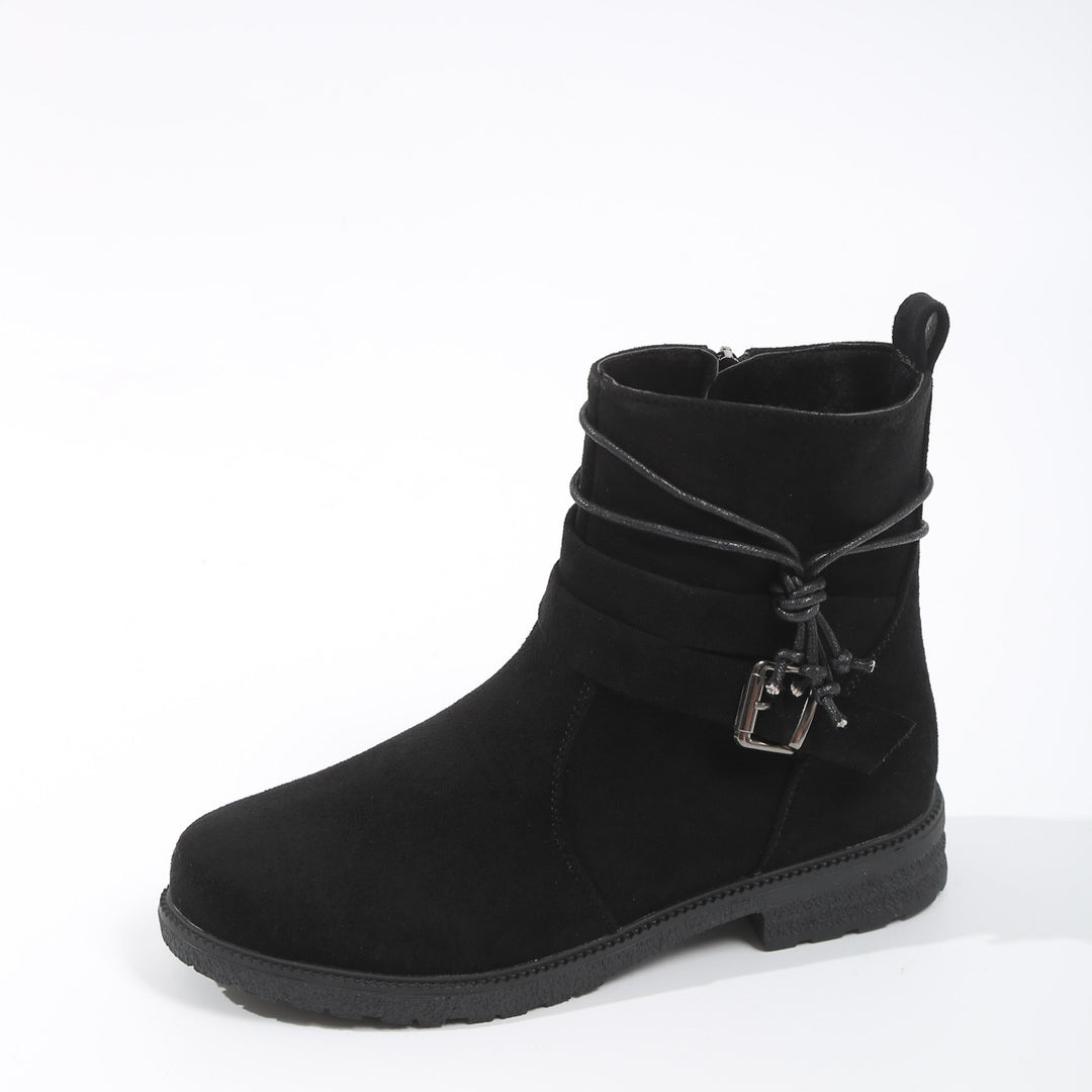 Women's non-insulated ankle boots with wrap straps, decorative metal buckle, and slip-resistant profile sole Mune Fashion