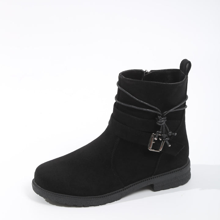 Women's non-insulated ankle boots with wrap straps, decorative metal buckle, and slip-resistant profile sole Mune Fashion