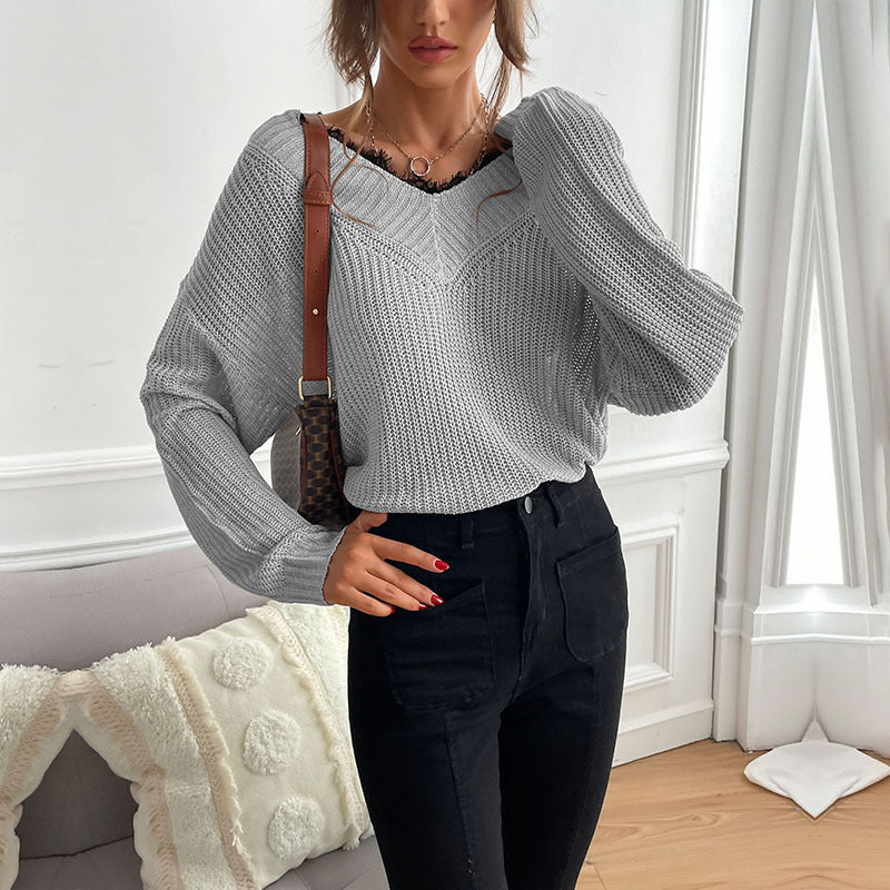 Women's Oversize V-Neck Fine Knit Sweater with Dropped Shoulder and Ribbed Cuffs Mune Fashion