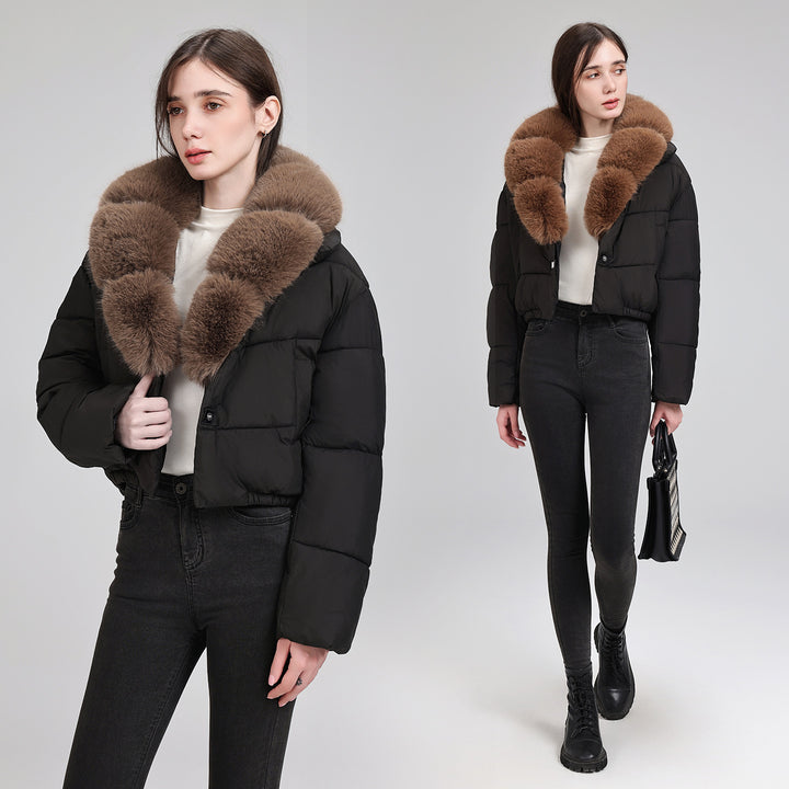 Women's Short Quilted Puffer Bomber Jacket with Extra Wide Faux Fur Collar Mune Fashion