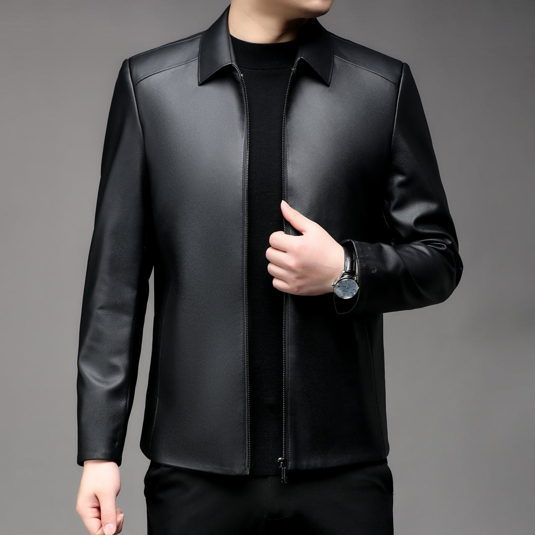 Men Smooth Faux Leather Zip Jacket with Shirt Collar and Slim Silhouette Mune Fashion