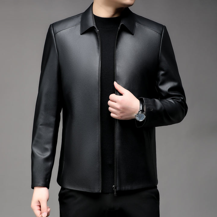 Men Smooth Faux Leather Zip Jacket with Shirt Collar and Slim Silhouette Mune Fashion