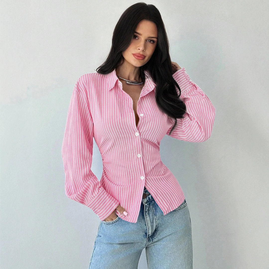 Women tailored striped blouse with Kent collar and voluminous sleeves Mune Fashion