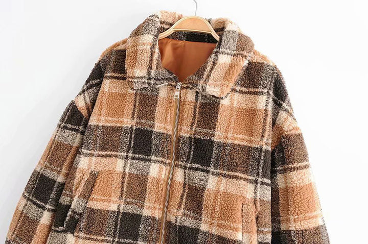 Women Checked Teddy Jacket with Zipper, Oversized Cut and Faux Fur Lining Mune Fashion