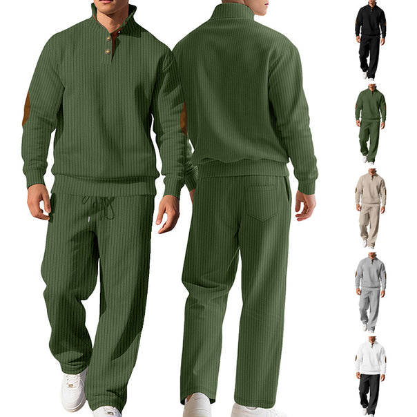 Men's fine ribbed sweater with half button placket, high stand-up collar, and contrasting suede elbow patches Mune Fashion