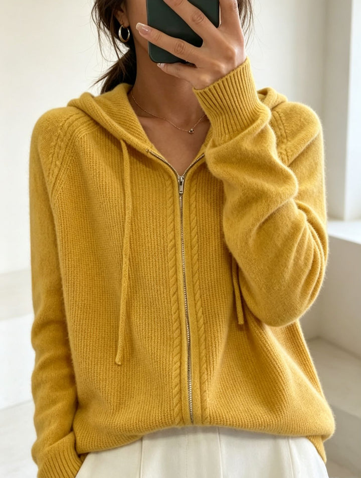 Women's hooded cardigan with zipper, fine knit and ribbed cuffs Mune Fashion