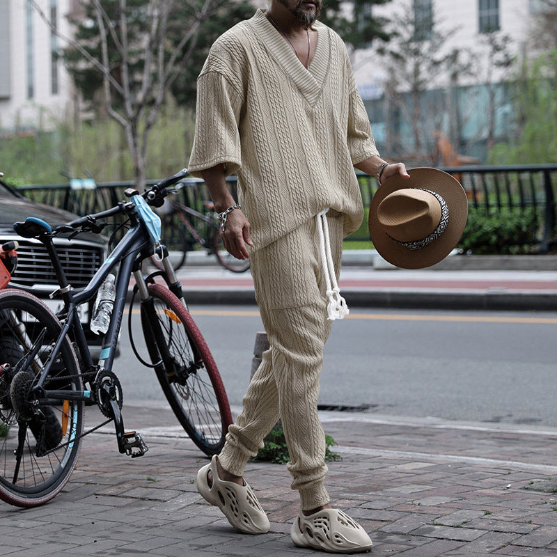 Men's casual knit set with V-neck and drawstring jogger pants Mune Fashion