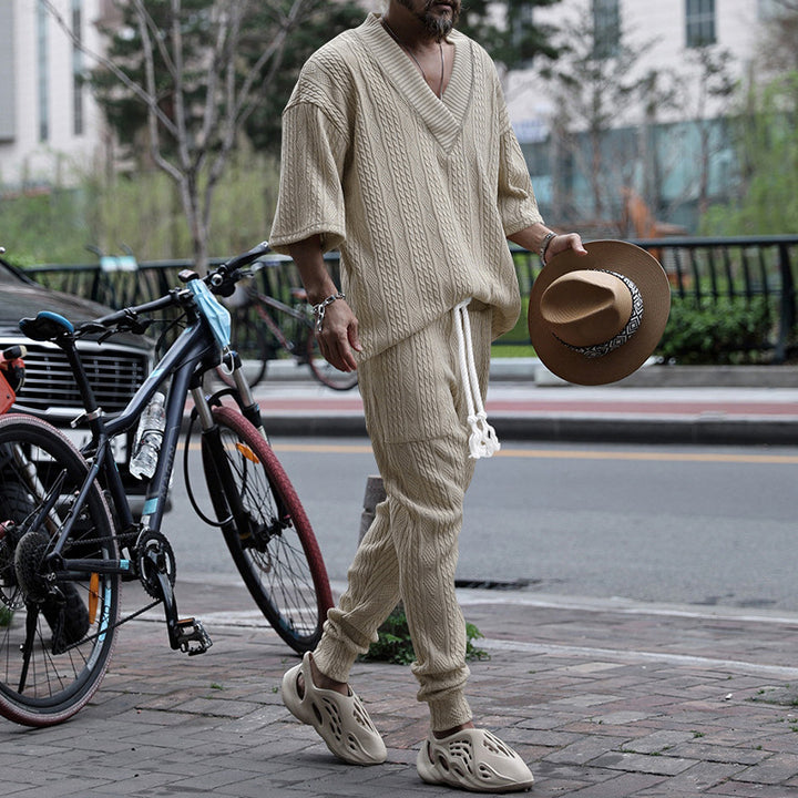 Men's casual knit set with V-neck and drawstring jogger pants Mune Fashion