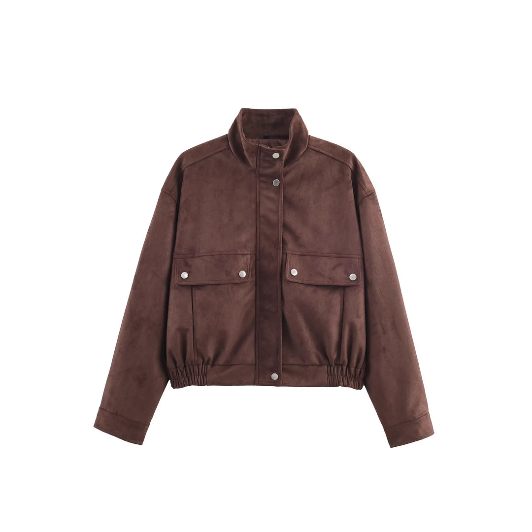 Women's Short Bomber Jacket in Velvet Look with Stand Collar and Flap Pockets Mune Fashion