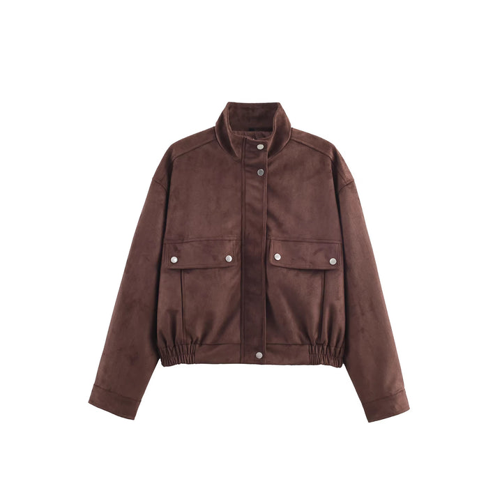 Women's Short Bomber Jacket in Velvet Look with Stand Collar and Flap Pockets Mune Fashion