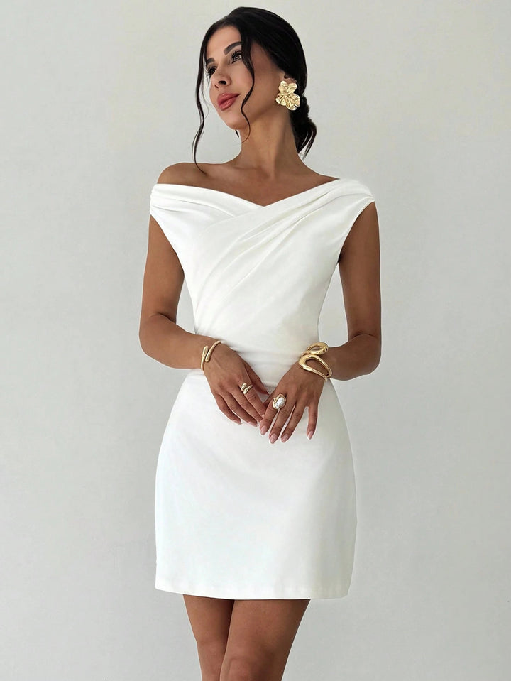 Women's off-the-shoulder sheath dress with crossed neckline draping and tailored silhouette Mune Fashion
