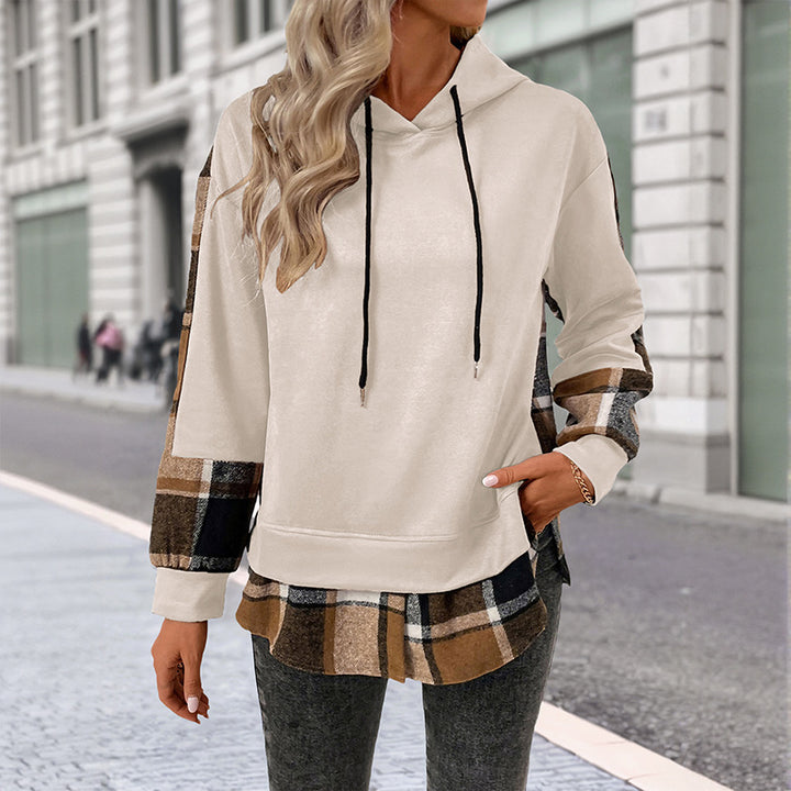 Women Casual Hoodie with Checkered Sleeves Mune Fashion