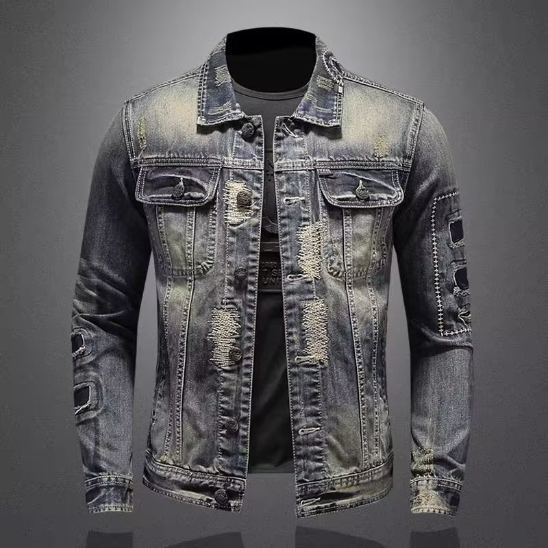 Men's vintage jeans jacket with used effects, destroyed details, and applied chest pockets Mune Fashion