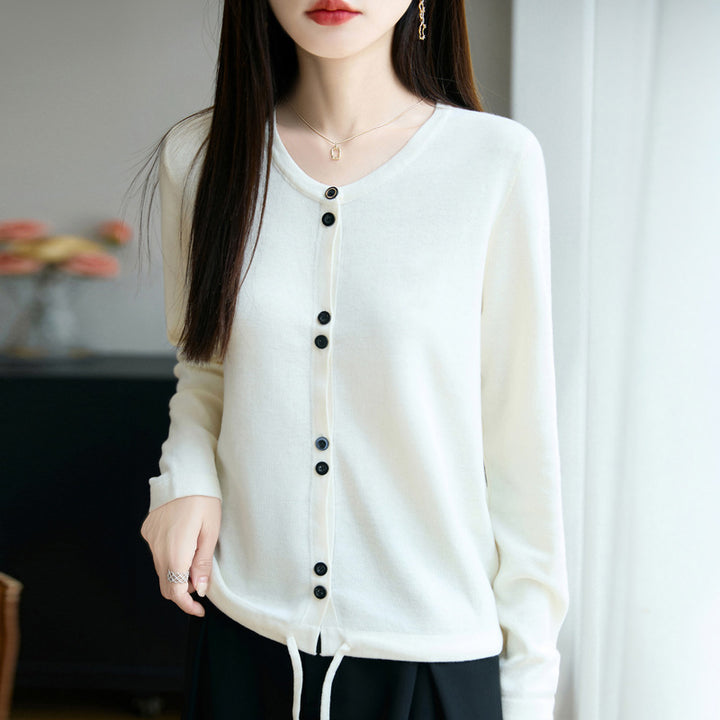 Women Lightweight Fine Knit Button Placket Cardigan with Round Neck Mune Fashion
