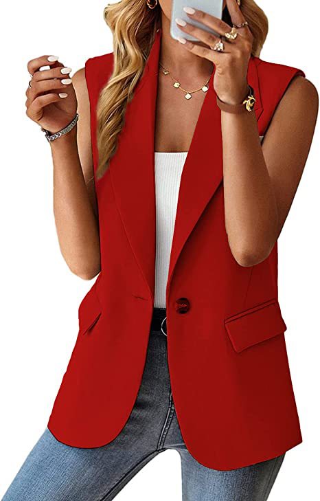 Women Sleeveless Longline Blazer Vest with Lapel Collar, Single Button and Patch Pockets Mune Fashion