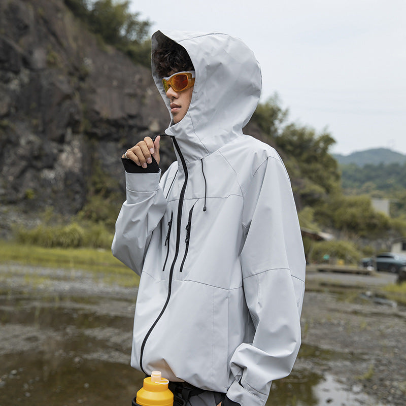 Men's Technical Rain Softshell Jacket with Hood, Zipper and Adjustable Hem Mune Fashion